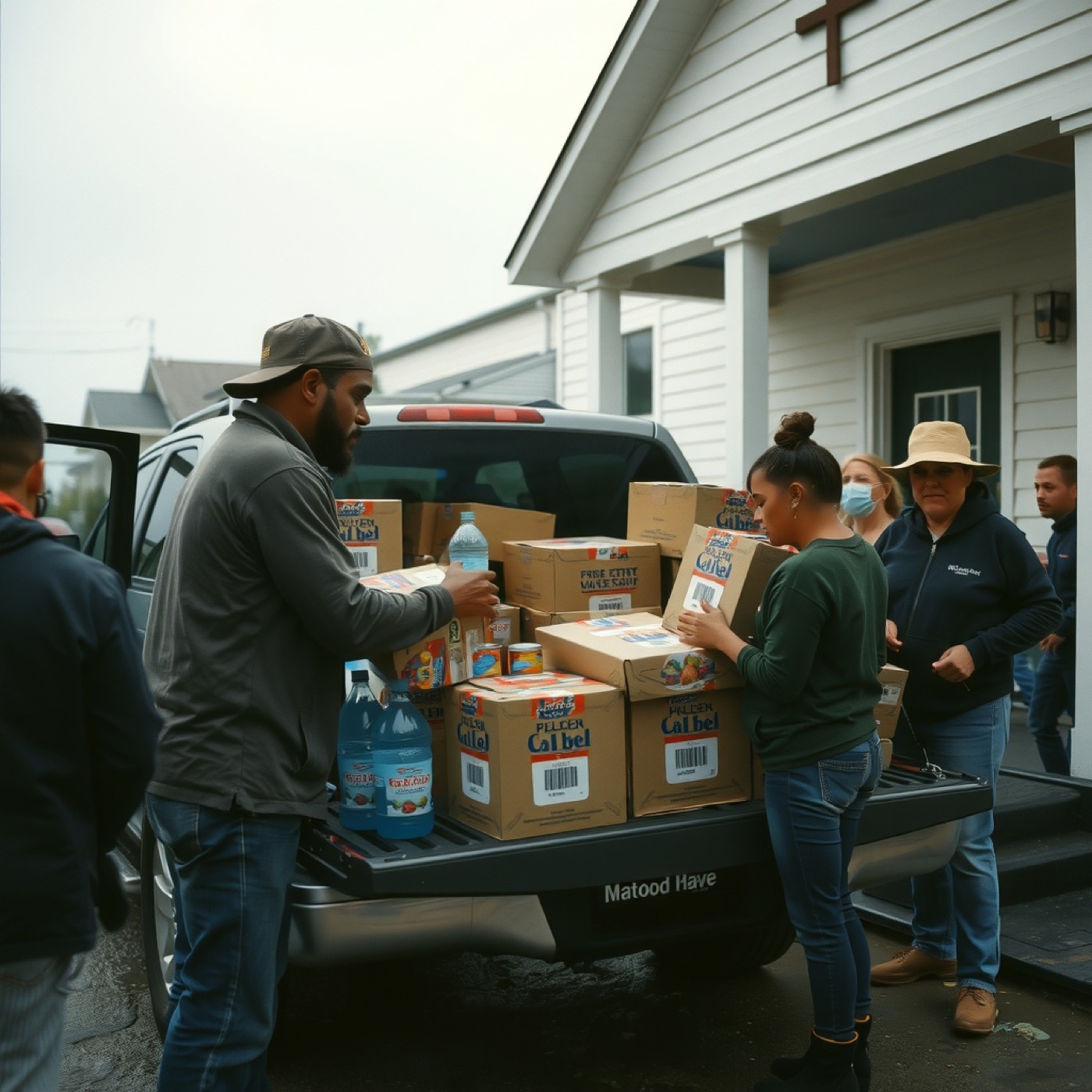 Volunteers unloading water and food from a pickup truck outside a church after a storm.