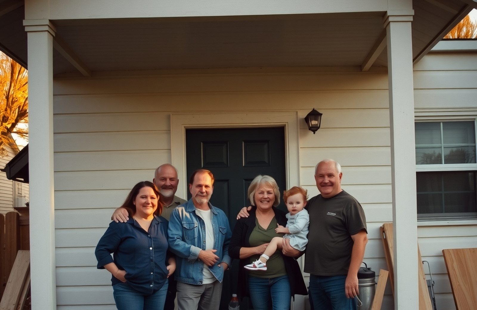 Neighbors and volunteers stand together on the porch of a house they helped repair.