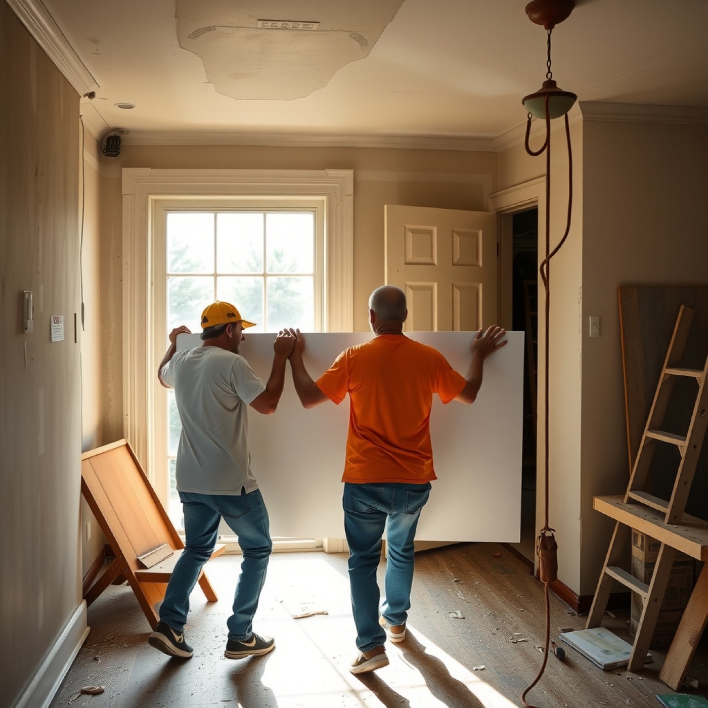 Two volunteers carry new drywall into a flood-damaged house under repair.