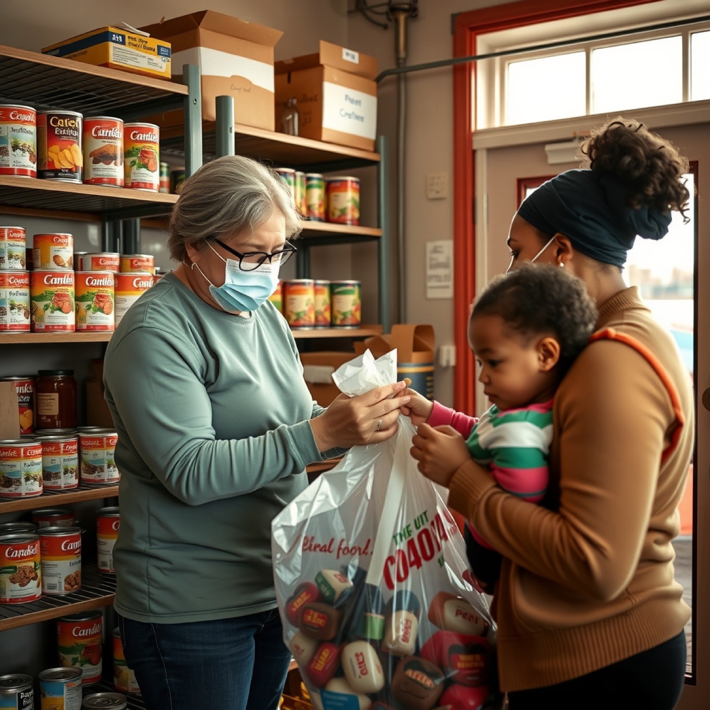 A food pantry volunteer hands a bag of groceries to a mother and her child.