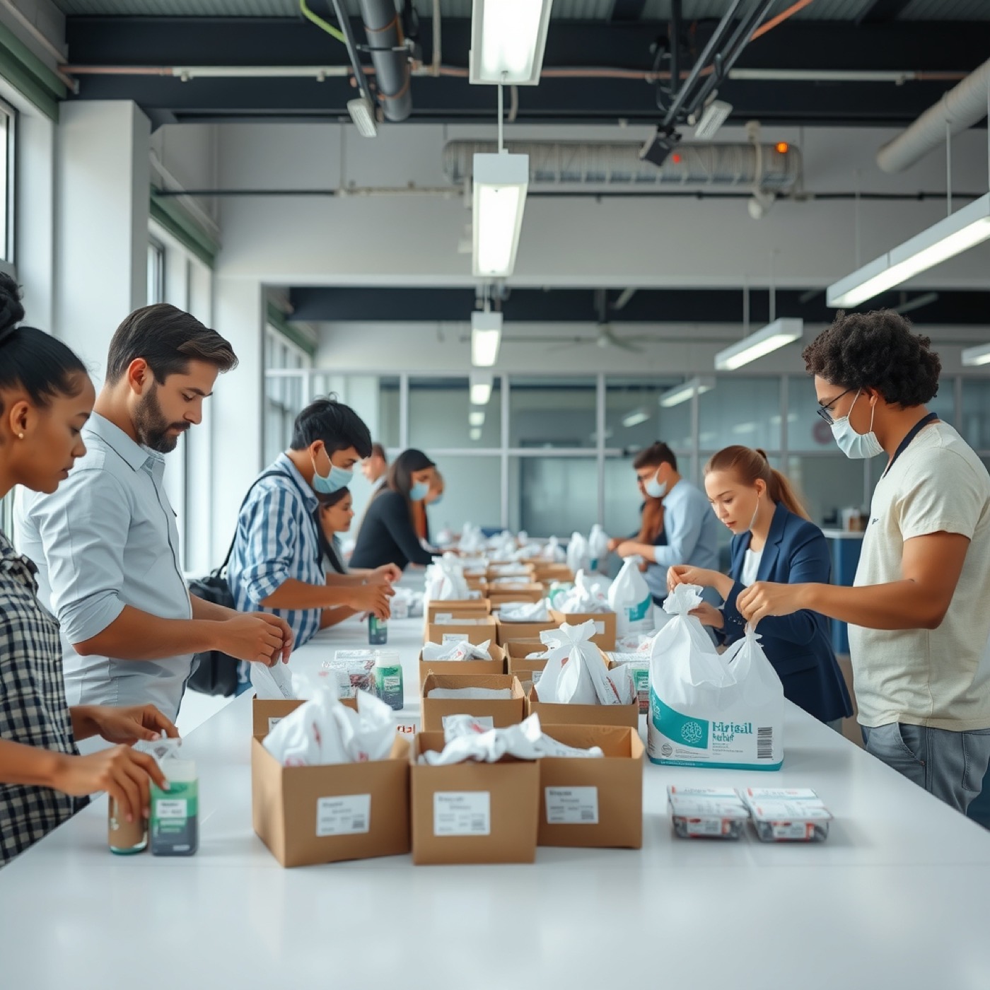 Coworkers packing relief kits together at a long table.