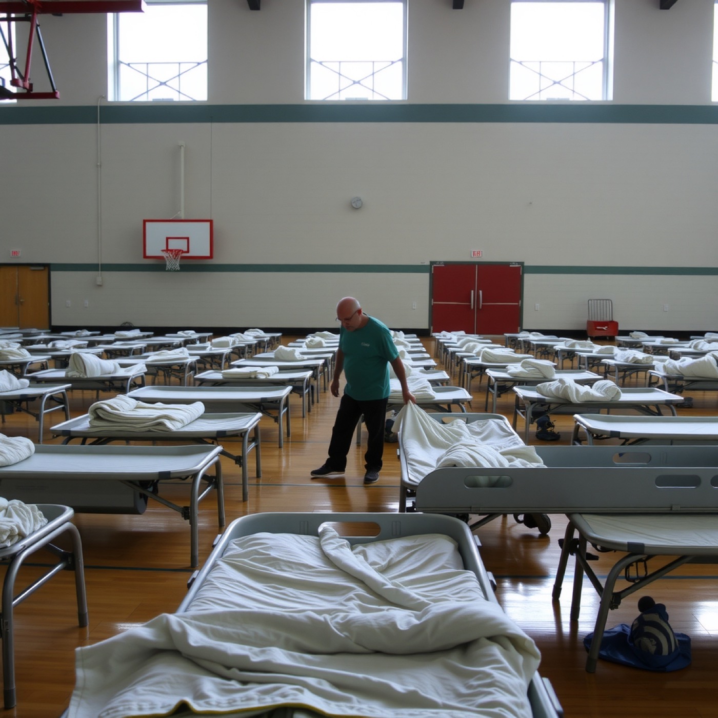 A volunteer sets up cots in an emergency shelter in a school gym.