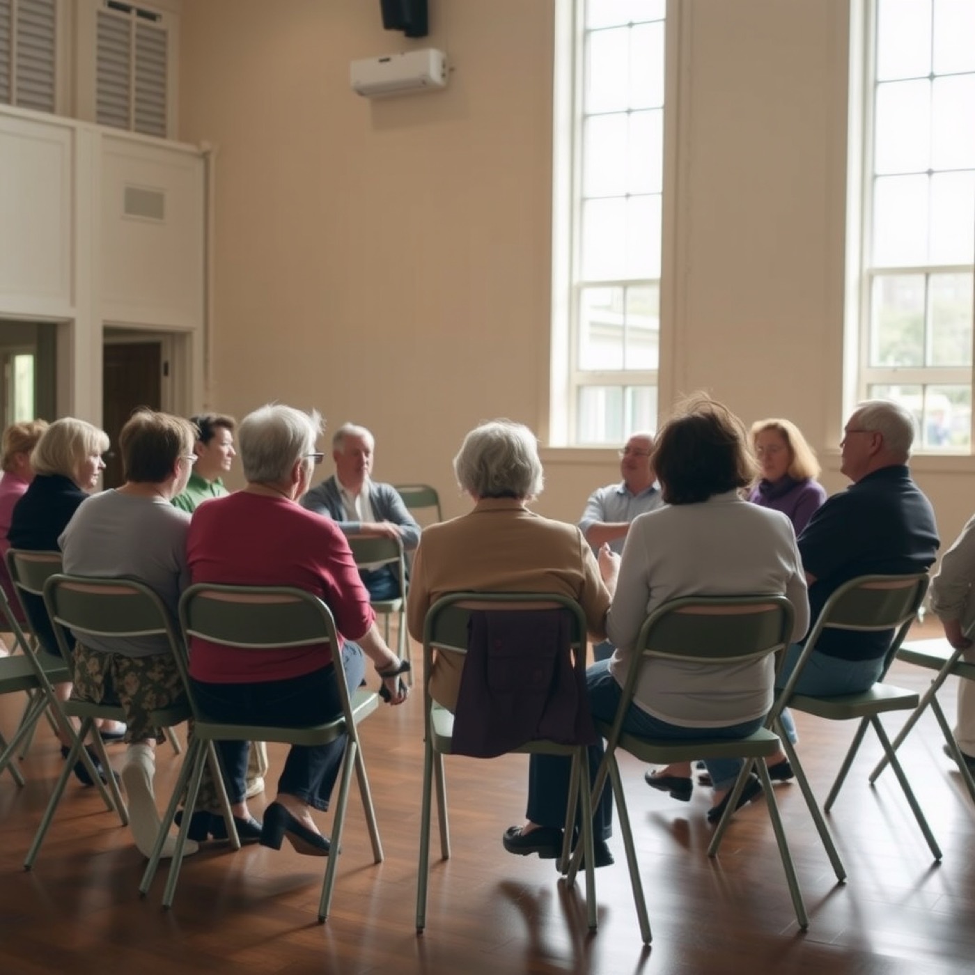 Neighbors gathered in a circle of chairs in a community hall.