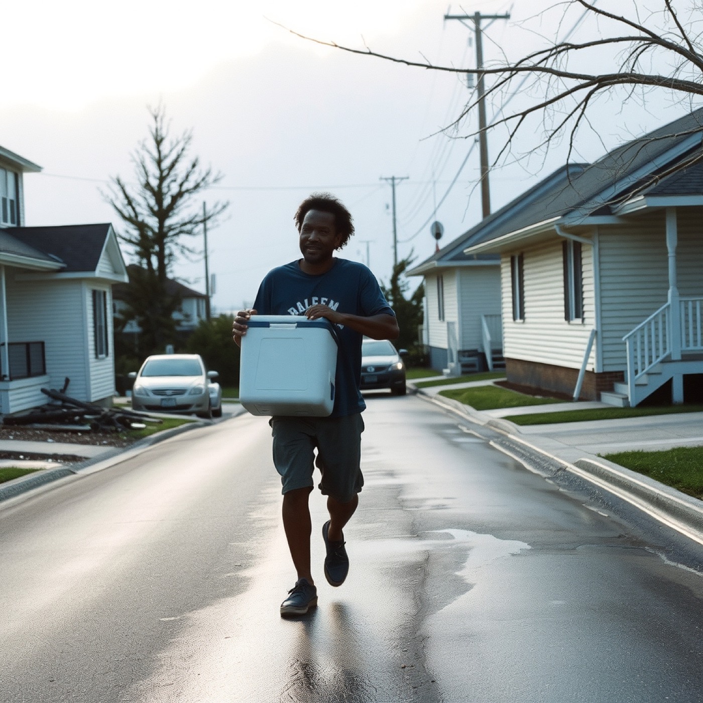 A neighbor carries a cooler of water down a storm-damaged street.